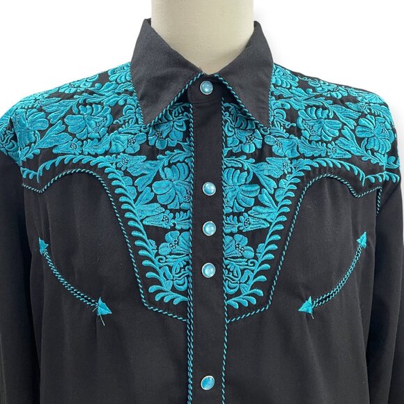 Scully Western Cowboy Shirt Black Turquoise Embroidered Rodeo Festival Country L - Picture 9 of 15